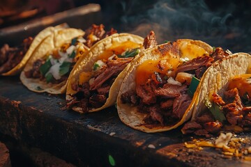 A close-up of delicious tacos sizzling on a grill, showcasing various fillings and toppings.