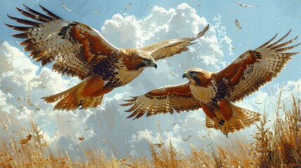 Two Hawks Soaring Through a Cloudy Sky