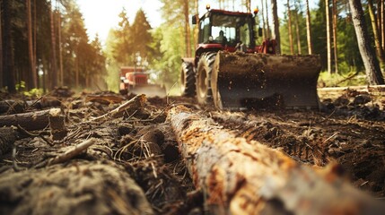 Fototapeta premium Log Pile in Forest with Tractor in Background