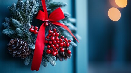 close-up of a decorated wreath hanging on a door, with red berries, pine cones, and a bright red ribbon, evoking the spirit of Christmas