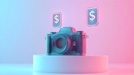 3D Camera on Glossy White Pedestal with Holographic Price Icons: Elevate Your Offers and Revenue with Eye-Catching Visualization