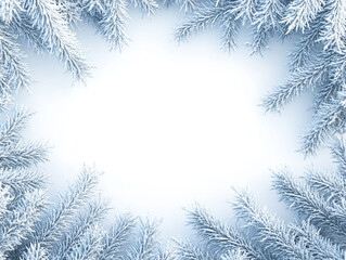 Horizontal frame of snowy spruce branches on white background. For winter holiday publications