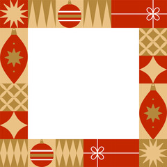 Christmas geometric frame with red and gold holiday ornaments. Template for winter holidays design