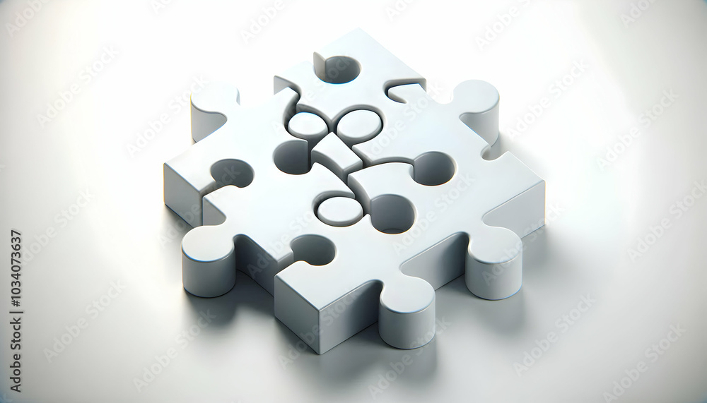 Poster 3d plain puzzle pieces scattered on glossy white surface - ample copy space for esg business discuss