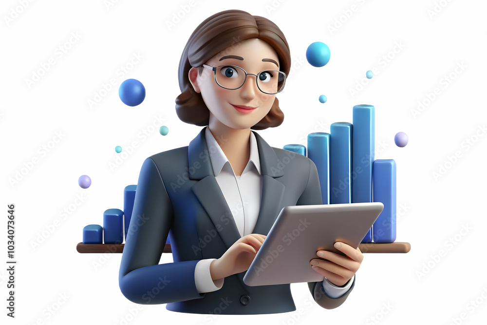 Poster bokeh light effects: businesswoman analyzing data on tablet with dynamic professional background and