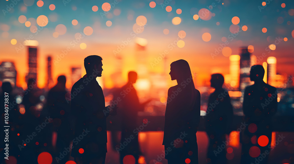 Poster 3d abstract business discussion silhouettes - soft focus of professionals collaborating with warm bo