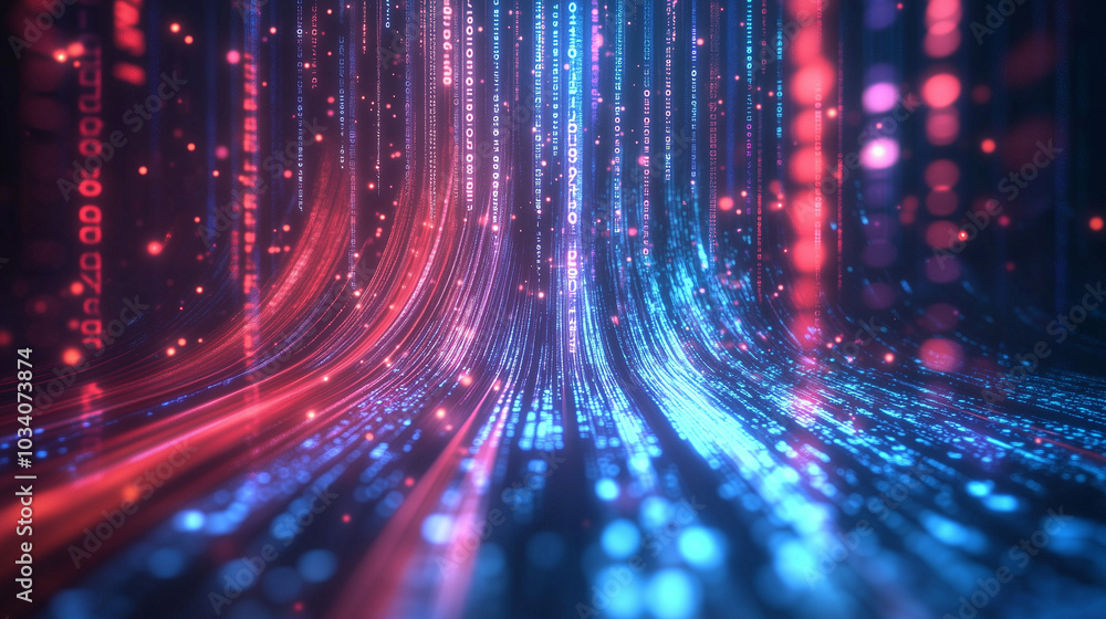 Leinwandbilder Abstract background of digital data streams and binary code, highlighted by dynamic red light rays, blue glow, and moving bokeh lights. This futuristic cyber space design reflects the concept of digit