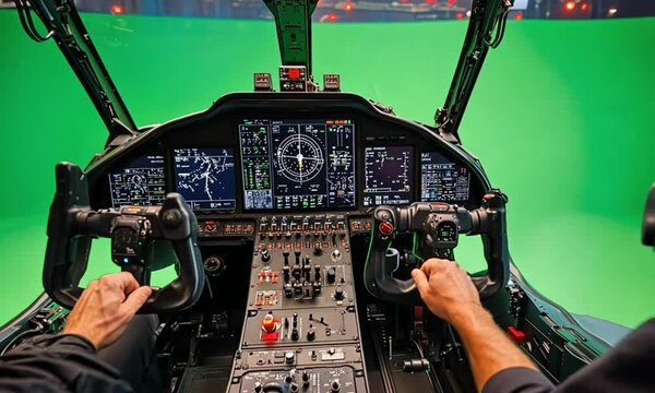 A pilot's hands on the controls of a helicopter cockpit