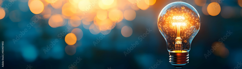Poster bokeh lightbulb symbolizing innovation: glowing lightbulb with soft bokeh effects represents ideas &