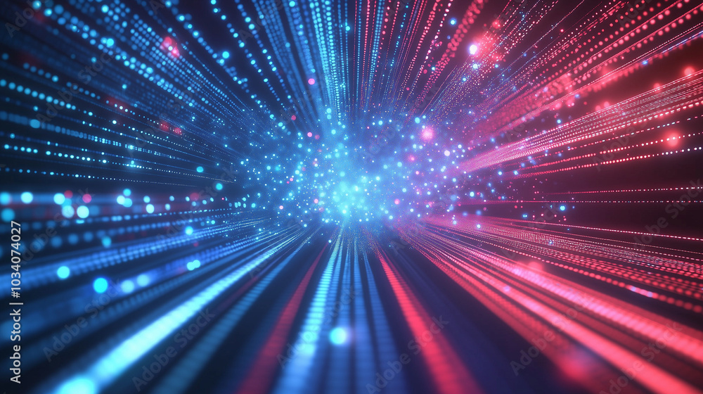 Leinwandbilder Abstract background of digital data streams and binary code, highlighted by dynamic red light rays, blue glow, and moving bokeh lights. This futuristic cyber space design reflects the concept of digit