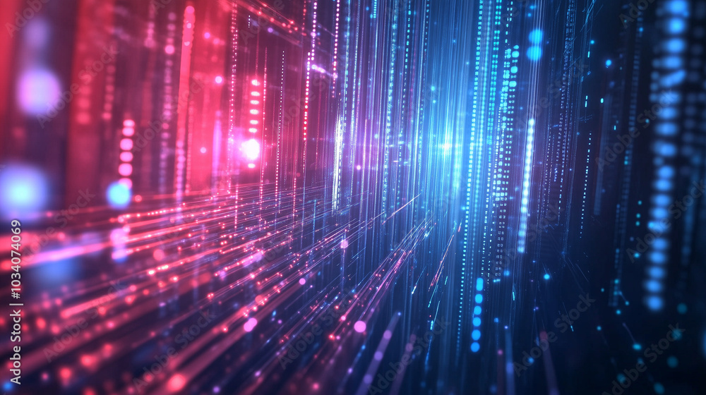 Leinwandbilder Abstract background of digital data streams and binary code, highlighted by dynamic red light rays, blue glow, and moving bokeh lights. This futuristic cyber space design reflects the concept of digit