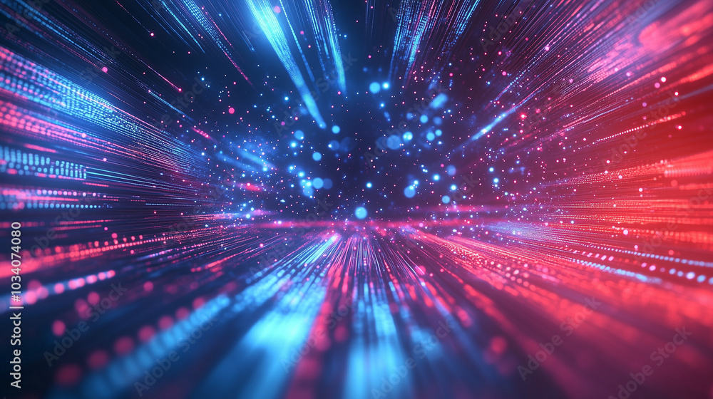 Leinwandbilder Abstract background of digital data streams and binary code, highlighted by dynamic red light rays, blue glow, and moving bokeh lights. This futuristic cyber space design reflects the concept of digit