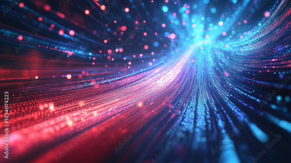 Leinwandbilder Abstract background of digital data streams and binary code, highlighted by dynamic red light rays, blue glow, and moving bokeh lights. This futuristic cyber space design reflects the concept of digit