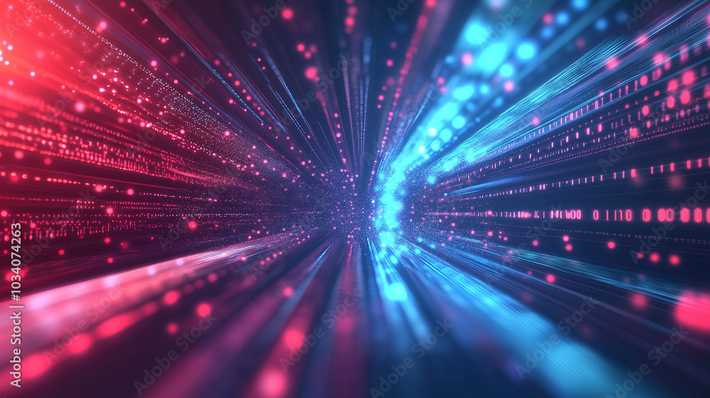 Leinwandbilder Abstract background of digital data streams and binary code, highlighted by dynamic red light rays, blue glow, and moving bokeh lights. This futuristic cyber space design reflects the concept of digit