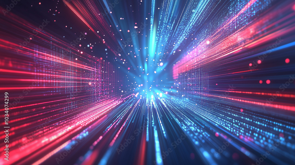 Leinwandbilder Abstract background of digital data streams and binary code, highlighted by dynamic red light rays, blue glow, and moving bokeh lights. This futuristic cyber space design reflects the concept of digit