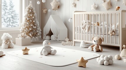 Play mat with Christmas decorations in a cozy nursery, 3D illustration