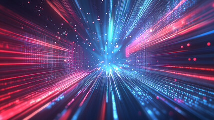 Obraz premium Abstract background of digital data streams and binary code, highlighted by dynamic red light rays, blue glow, and moving bokeh lights. This futuristic cyber space design reflects the concept of digit