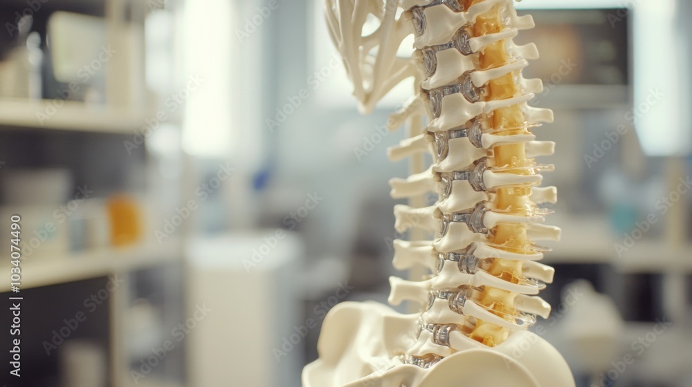 Poster a human spine model stands prominently in a medical laboratory, highlighting its intricate vertebrae