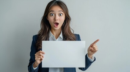 Naklejka premium Surprised woman holding a blank sign with open mouth expression