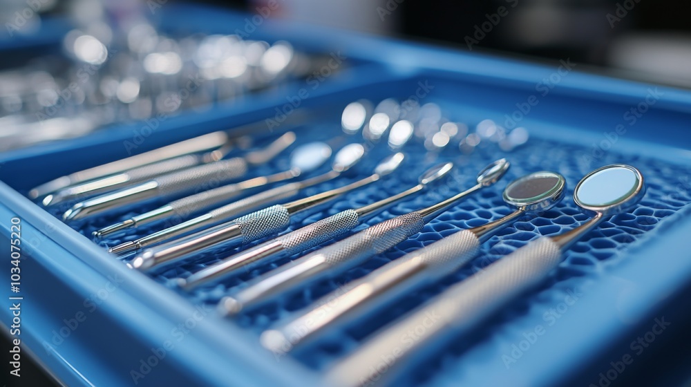 Aufkleber A variety of dental instruments are organized on a blue tray, highlighting tools used for examinations and cleanings in a dental practice. The setting suggests a professional environment.
