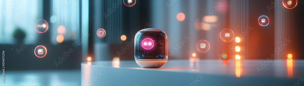 Poster holographic ai assistant with floating chat bubbles on white desk - dynamic dolly shot zooming in to