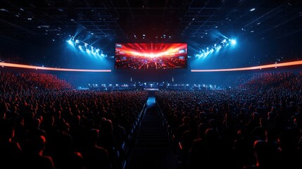 Massive crowd enthusiastically engaged at an electrifying esports event in a high-tech arena setting with striking visuals and effects