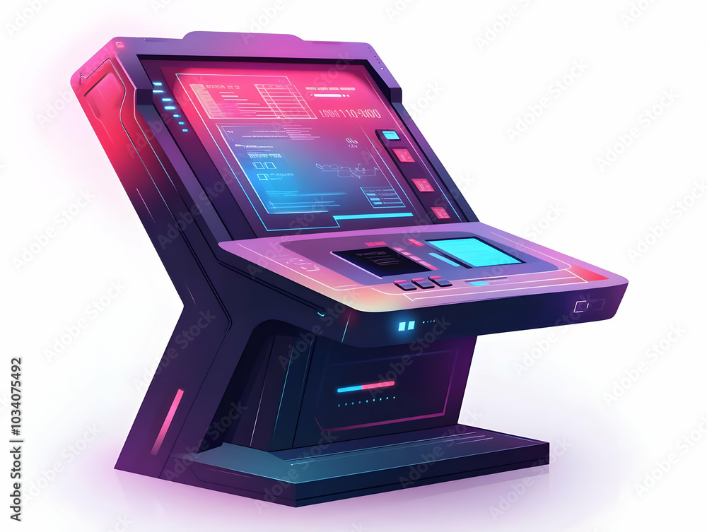 Poster flat holographic voting machine with audit trail interface: futuristic close-up of smart ballot secu