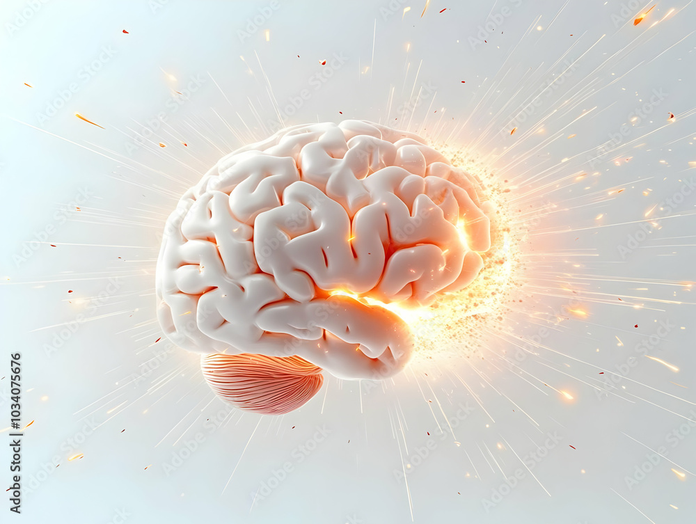 Poster flat levitating brain with light beams: close up of a white brain hovering in space for mental illum