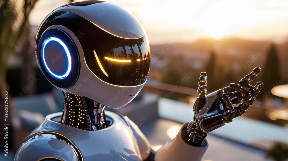 Poster humanoid robot with advanced design in sunset setting