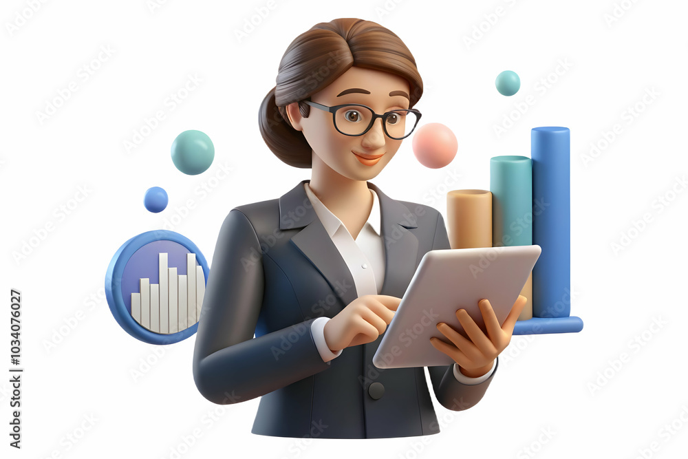 Poster bokeh light effects - businesswoman analyzing data on tablet with dynamic background for professiona