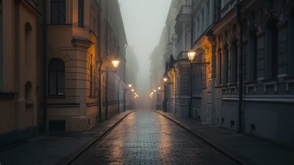 Fog in Cities Narrow Cobblestone Street in Historic European City with Vintage Lamps and Dense Fog