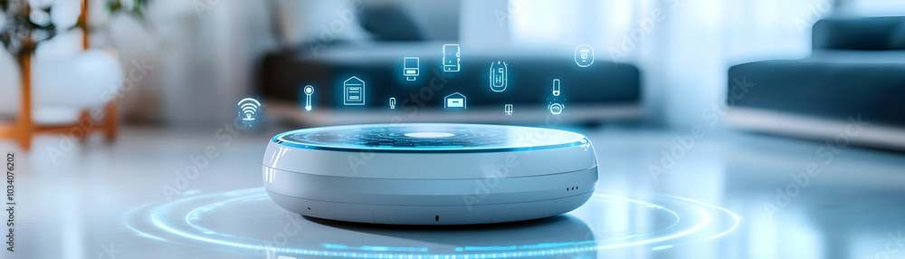 Poster holographic smart home hub concept with floating iot icons - dynamic tracking shot and ample copy sp