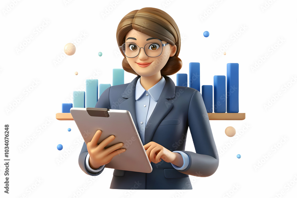 Poster bokeh light effects: businesswoman analyzing data on tablet with professional background and copy sp