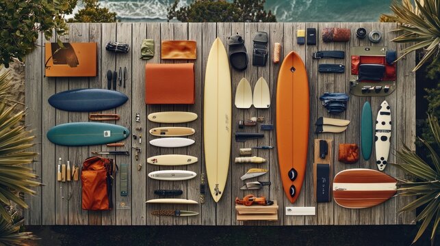 A variety of surfboards and related accessories are laid out on a wooden dock.