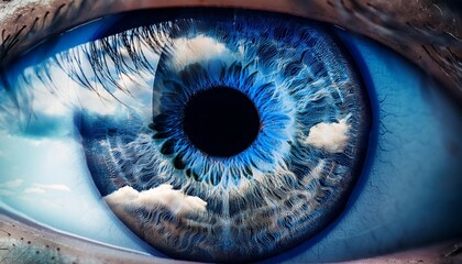 a close up view of a blue eye with overlapping clouds
