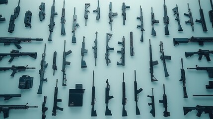 A collection of various rifles and shotguns laid out on a light blue background.