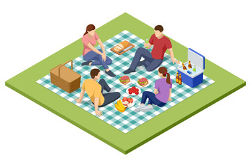 Isometric BBQ scene featuring a grill with various meats and vegetables cooking over an open flame. Outdoor barbecue, perfect for gatherings and casual summer cooking. Barbecue party by the pool.