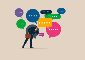 Businessman entering into a speech bubble and reads other people's messages. Productive dialogue. Flat vector illustration.