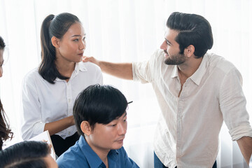 Fototapeta premium Group of diverse office worker employee working together on strategic business marketing planning in corporate office room. Positive teamwork in business workplace concept. Prudent