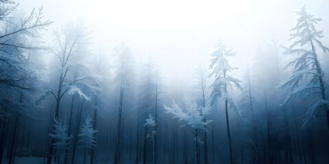 Fototapeta premium Minimalist frozen forest scene with snow-covered trees against a pale winter sky, capturing a serene and tranquil winter landscape. Perfect for seasonal and nature-inspired backgrounds