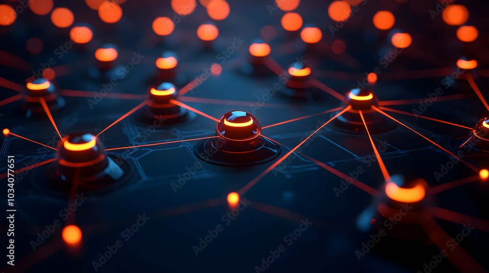 Poster 3d glossy network of connected voters concept - close-up of glossy spheres linked by glowing lines w