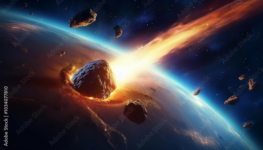 Wall mural asteroid comet meteorite glows collision with the planet earth