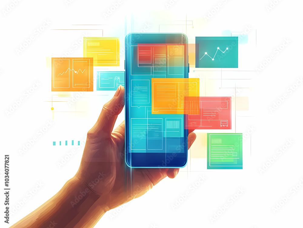 Poster flat holographic voting app on smartphone - close up of hand holding device with projected interface