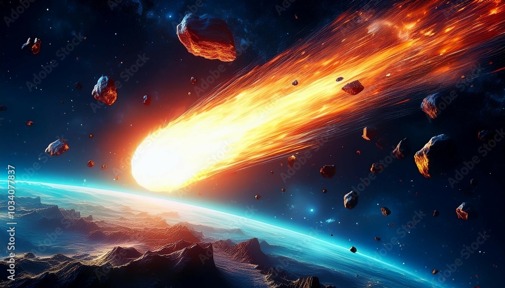 Wall mural asteroid comet meteorite glows collision with the planet earth