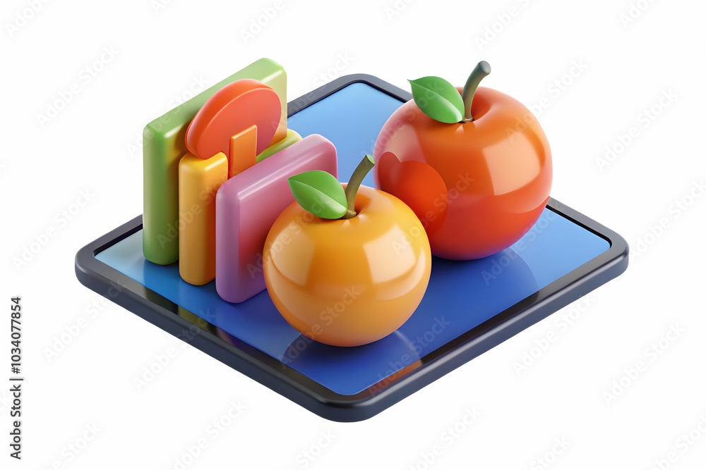 Poster fruit savings strategy session: two determined fruits collaborating on savings plans using tablets w