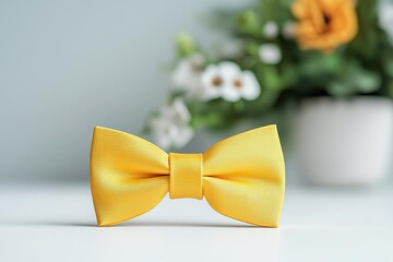 Bright yellow child-size bow tie on white, vibrant colors for kids  fashion, yellow bow tie, kids' fashion mock-up