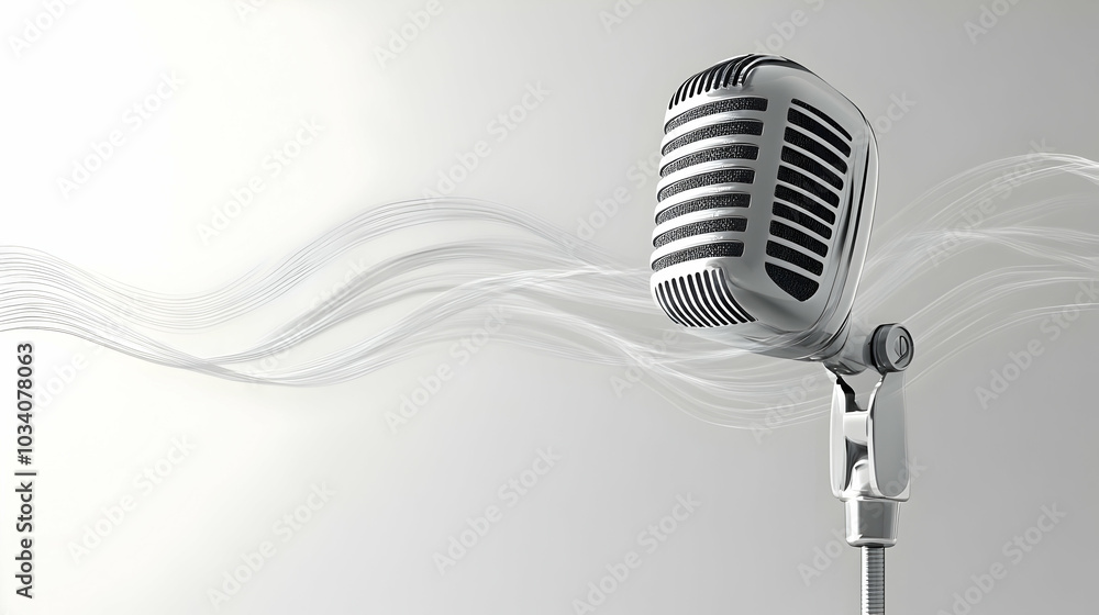 Poster 3d soaring microphone with orbiting sound waves representing policies - medium shot of a microphone 