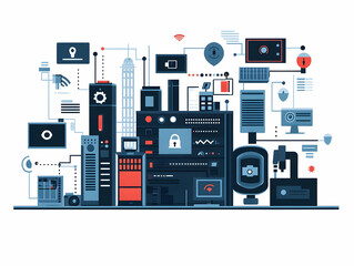 Flat Integrity Firewall for Elections: A Vector Illustration Showcasing Multi-Layered Security Protecting Election Data and Processes, Isolated on White for Cybersecurity Content.