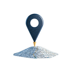 Location pin on a map, blue marker with geographical details, white isolate background.