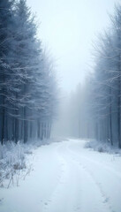 Fototapeta premium Minimalist frozen forest scene with snow-covered trees against a pale winter sky, capturing a serene and tranquil winter landscape. Perfect for seasonal and nature-inspired backgrounds